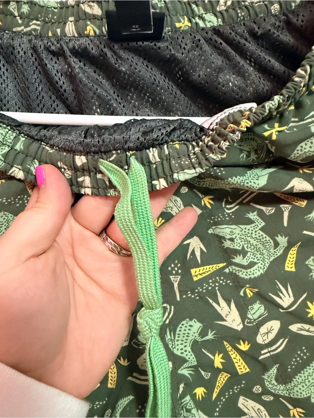 Patagonia Olive Green Swim Trunks with Yellow & Cream Print